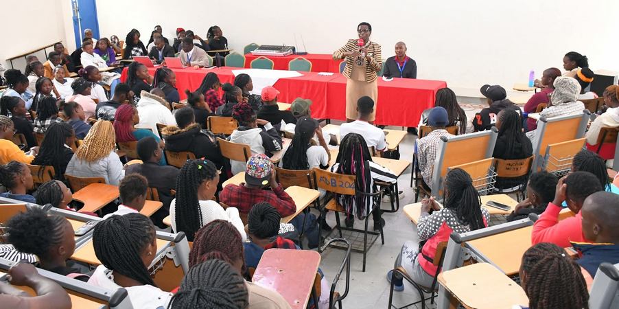 Deputy Vice-Chancellor (Administration, Planning and Finance), Prof. CPA Florence Memba, welcoming the First Years